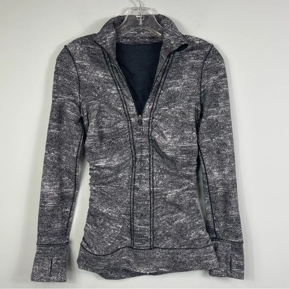 Lululemon Cypress Kiss 1/2 Zip Rush Jacquard Black White Run Yoga Thumbholes 4